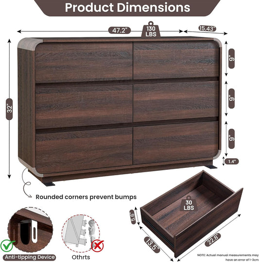 Walnut 6 Drawer Dresser Curved 47 Inch Bedroom Storage