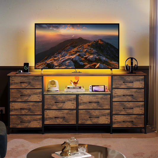 Twelve Drawer Dresser LED TV Stand Rustic Brown Finish