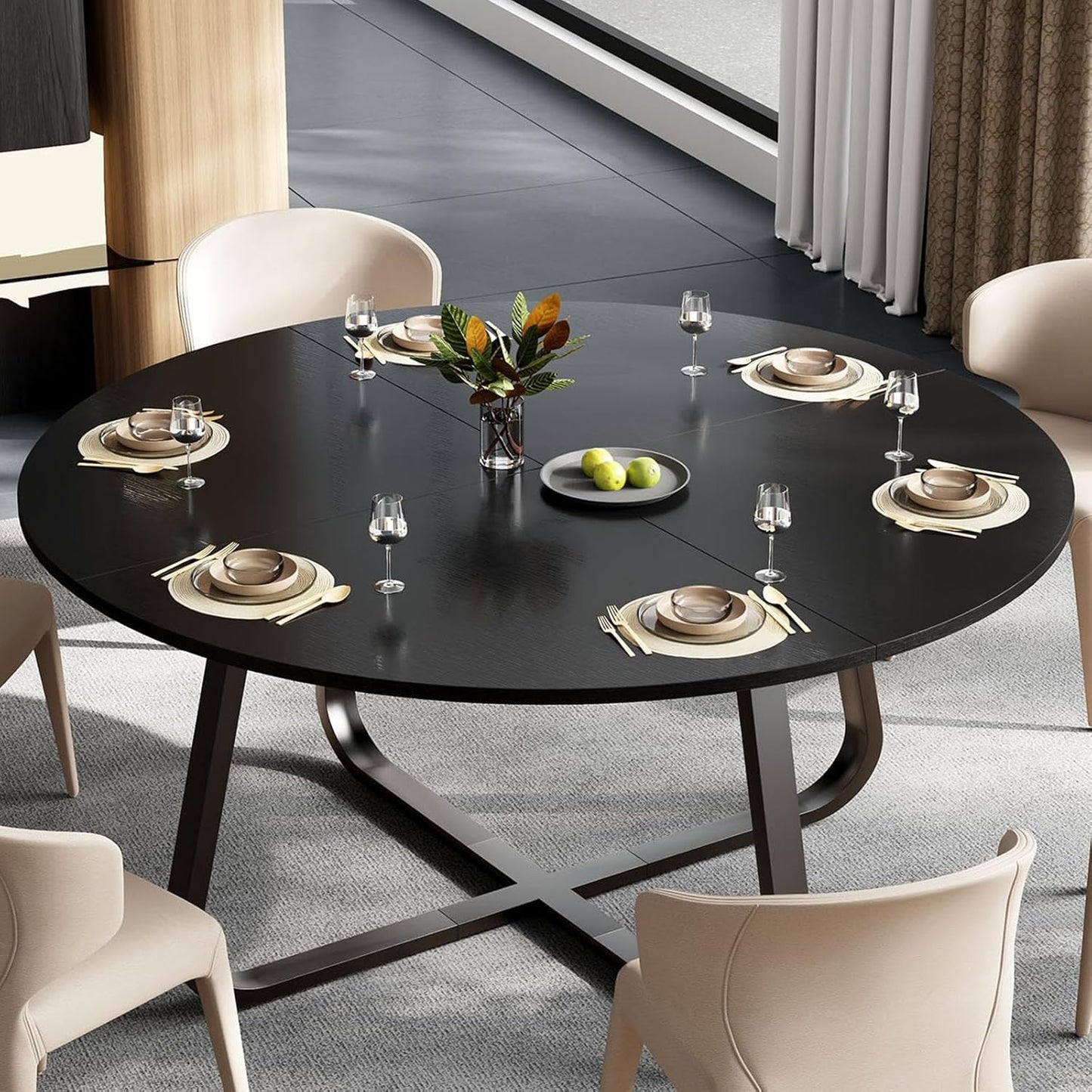 Circular Dining Table 51 Inch Black Oak Wood Finish
