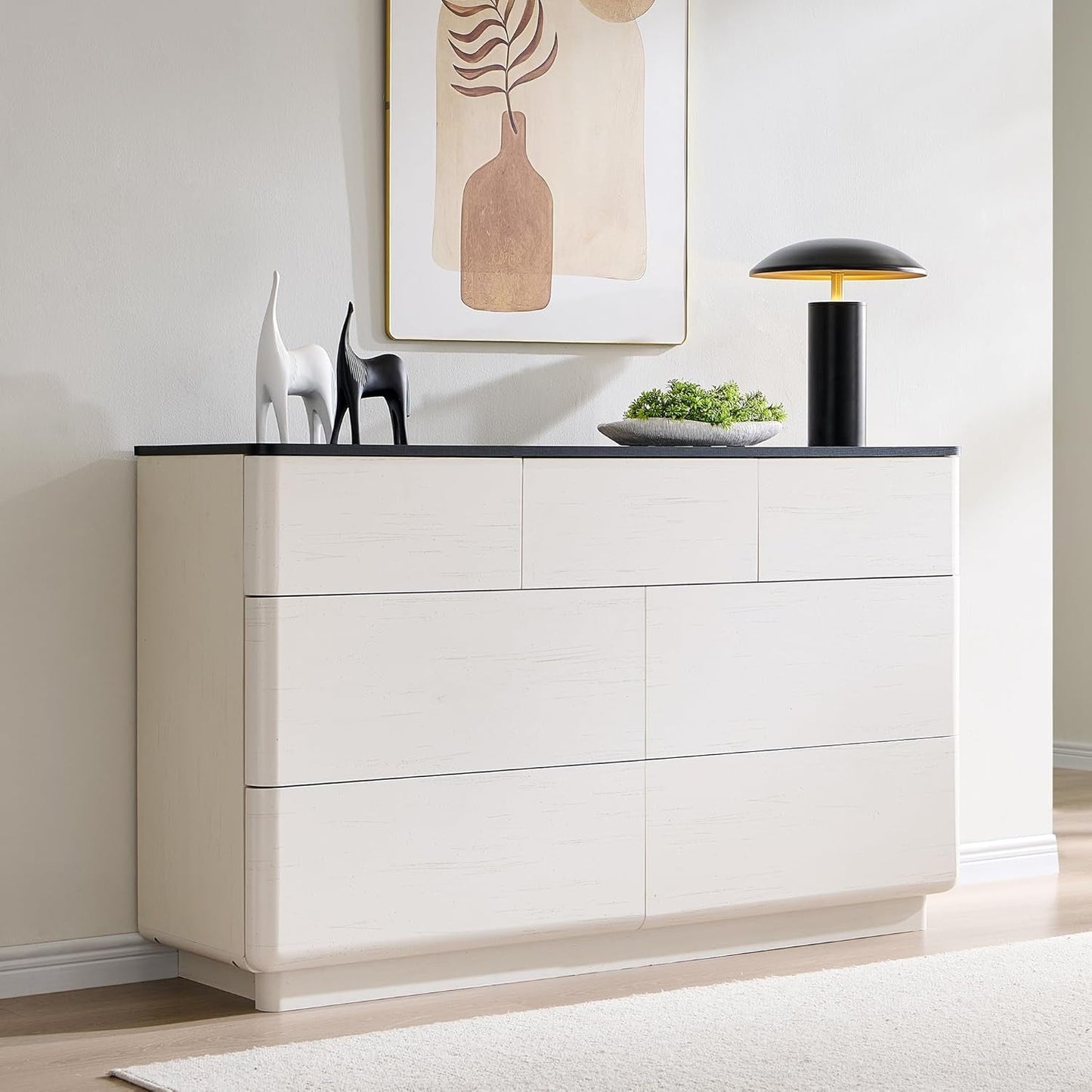 Off White Handleless Dresser With Curved Profile For Home