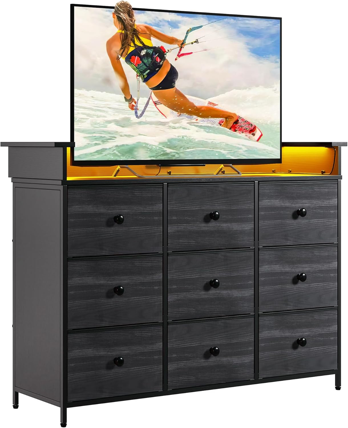 9 Drawer Dresser And TV Stand With LED Light For Bedroom