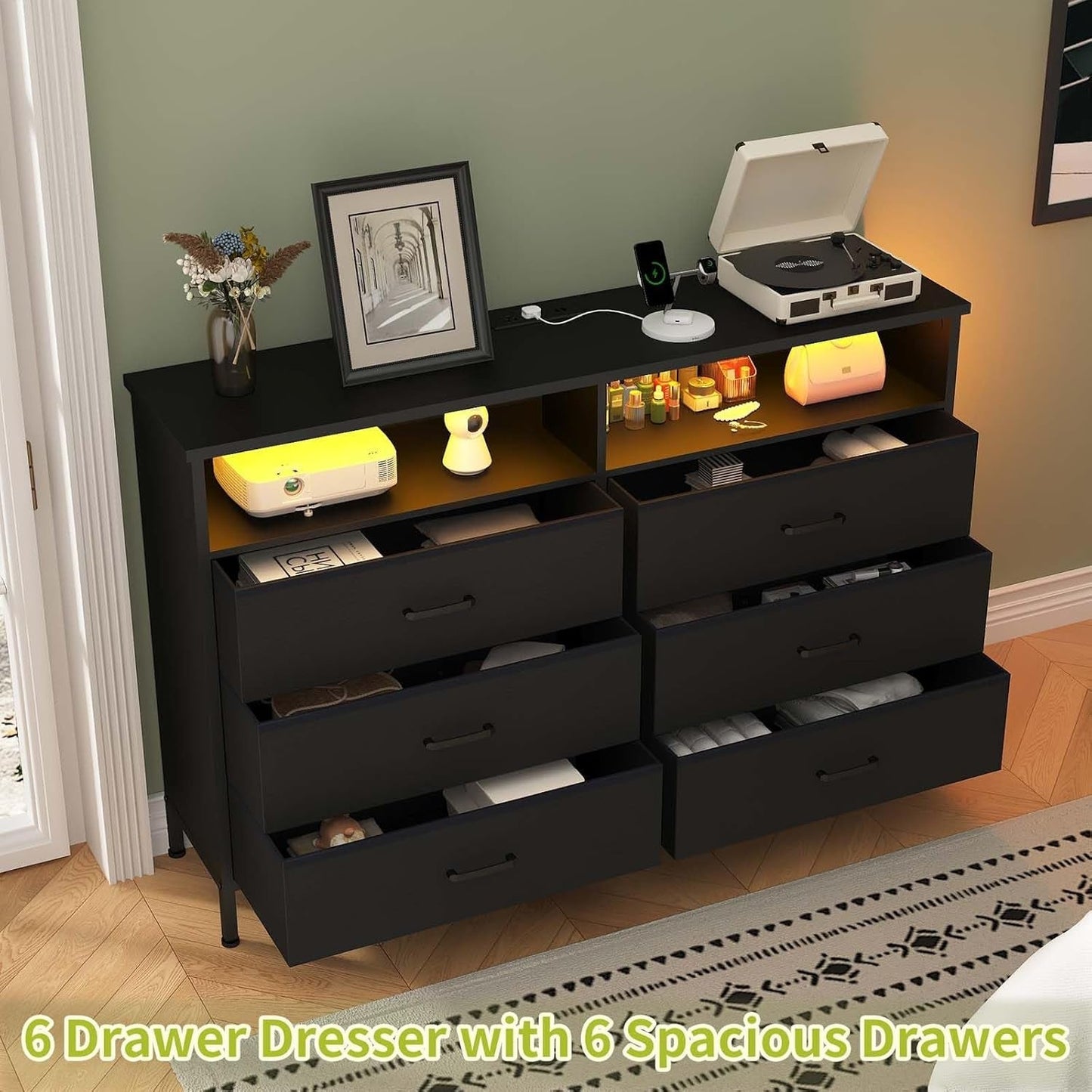 Black Dresser With LED Lights And Charging Station