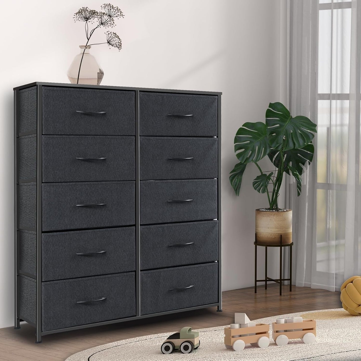 Dresser With 10 Drawers And Fabric Bins In Black Finish