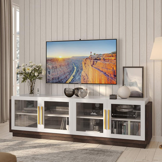 White 70 Inch TV Entertainment Center With Glass Cabinets