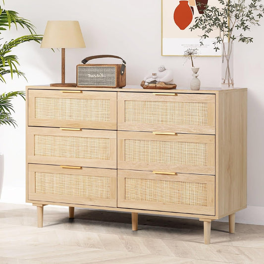 Natural Rattan Dresser With Six Drawers Bedroom Storage