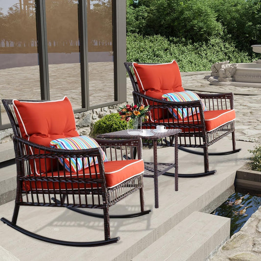 Orange 3 Piece Rocking Wicker Patio Set With Cushions