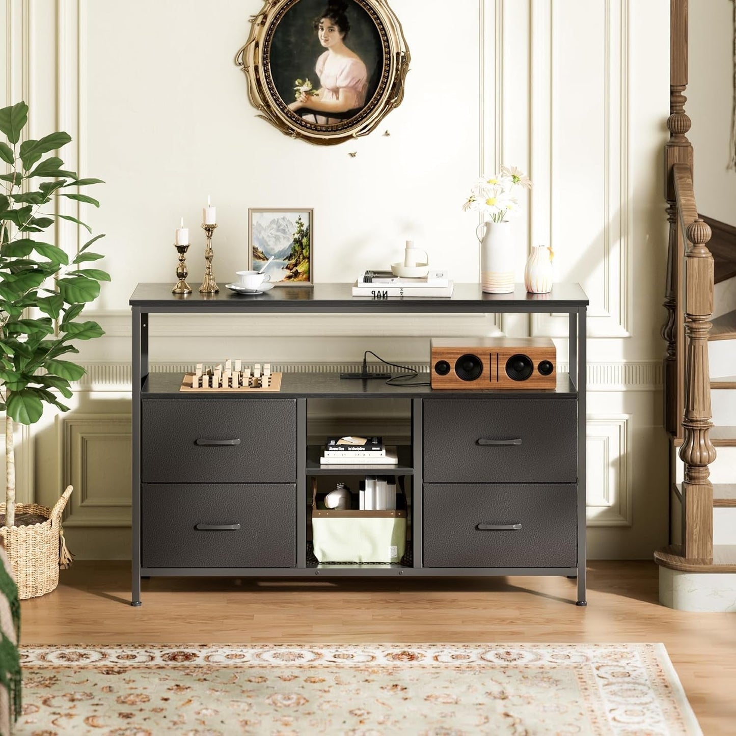 Black TV Stand With LED Lights And 2 AC Outlets And 2 USB Ports