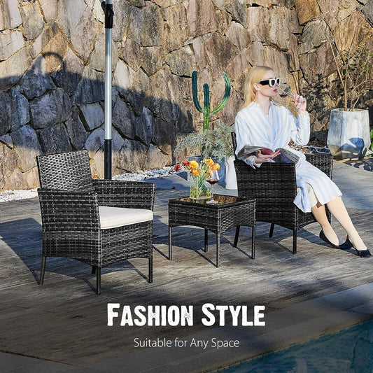 Three-Piece Outdoor Patio Set With Cushions And Glass Table