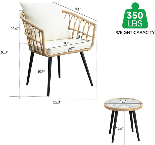 Three Piece Patio Bistro Set Outdoor Wicker Beige Rattan Table And Chairs For Balcony