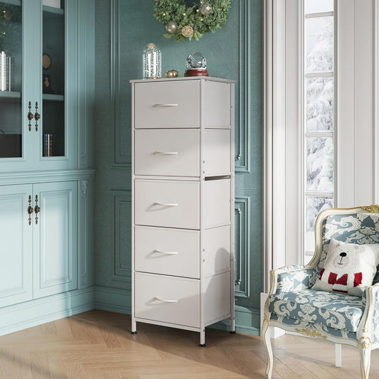 Fabric Dresser For Bedroom With Tall White Finish Storage