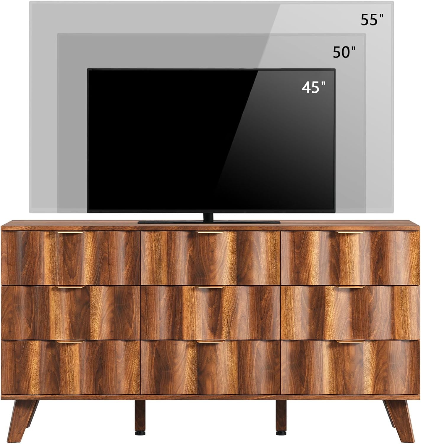 Walnut 9 Drawer Dresser With Fluted Fronts For Bedroom