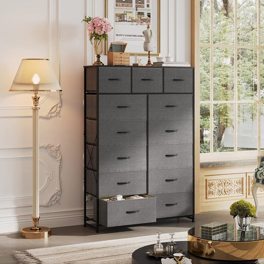 Tall Dresser With 13 Drawers Dark Grey Fabric For Bedroom Storage