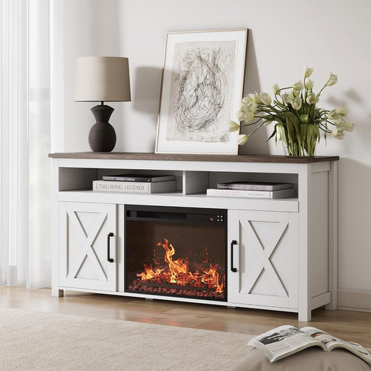58 Inch White Farmhouse Fireplace TV Stand Cabinet