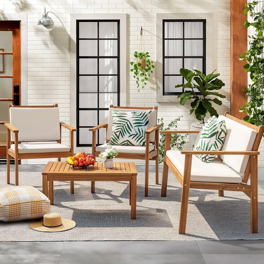 Acacia Wood 4 Piece Patio Conversation Set With Cushions