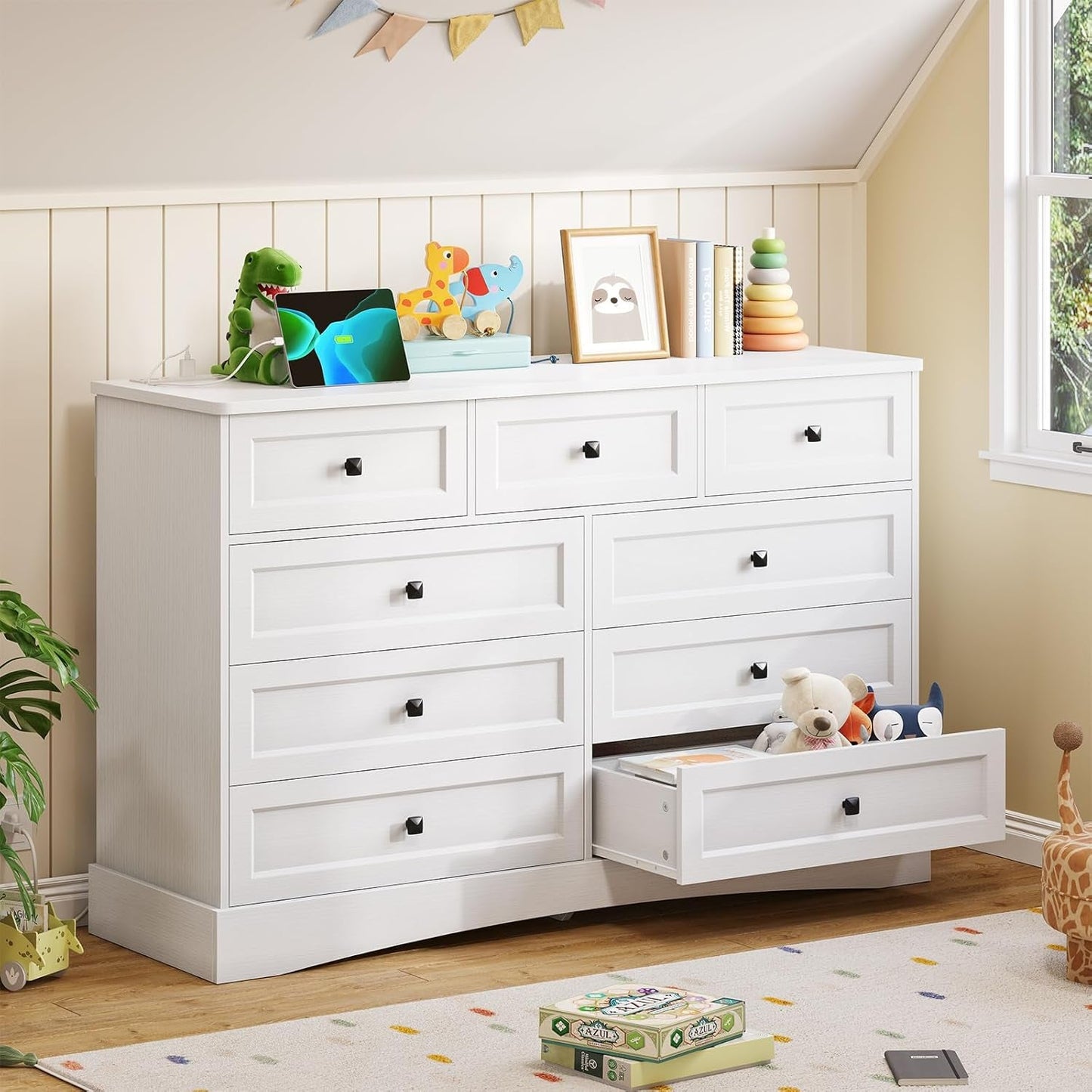 White Dresser With 9 Drawers And Charging Station Large