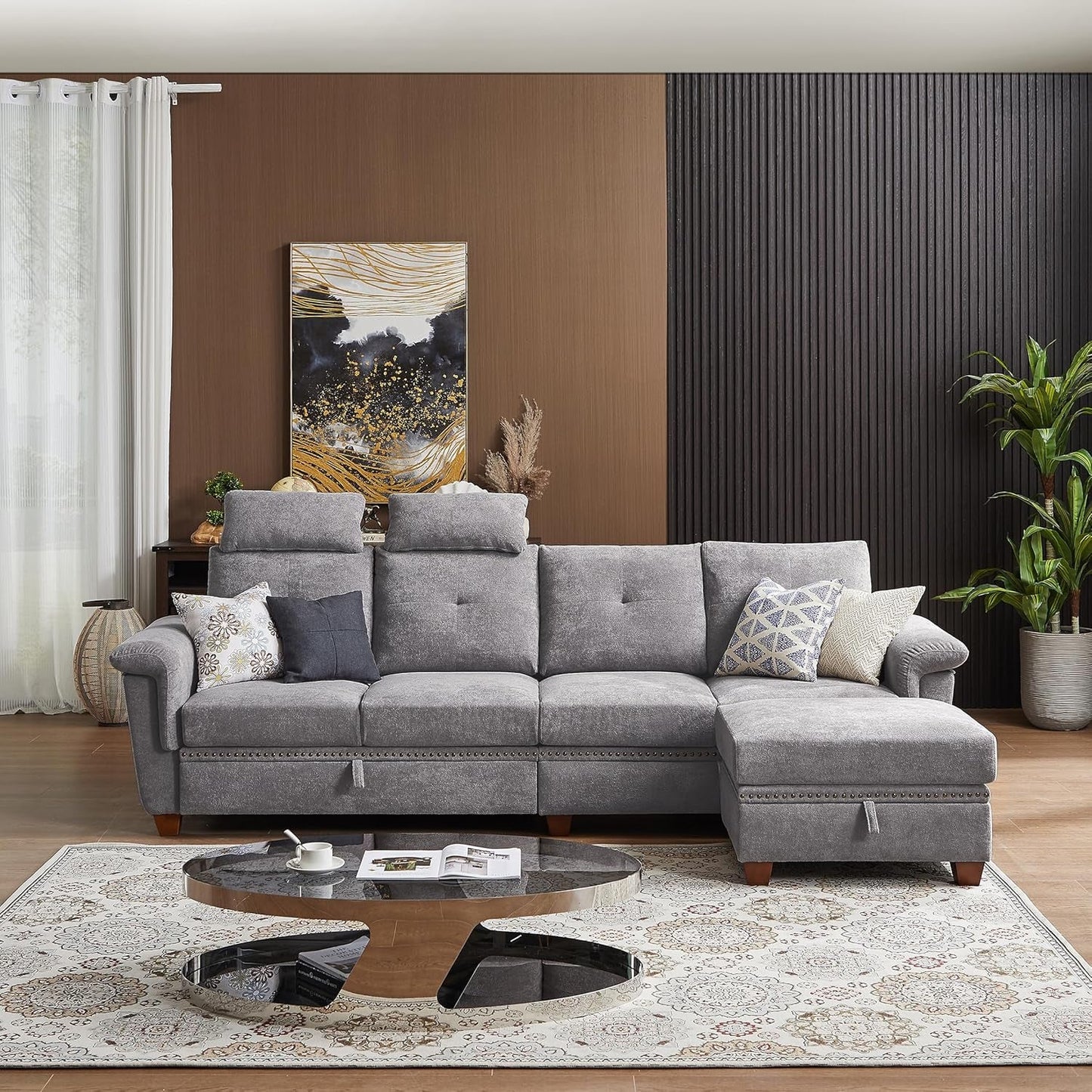 Light Grey Microfiber Sectional Sofa With Storage Ottoman