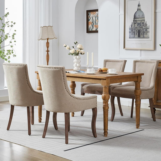 Modern Dining Chairs Set of 4 Beige Upholstery and Wood Legs