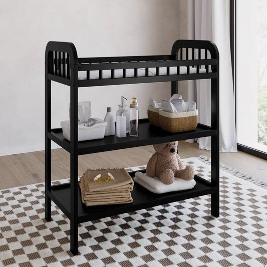 Baby Changing Table in Black Wood Finish with Safety Rail and Changing Pad