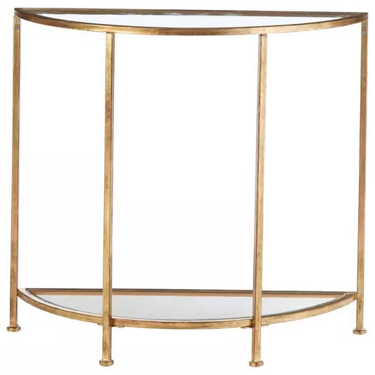 Half-Circle Entryway Console Table Gold Metal Glass Top Bottom Shelf Sofa Table