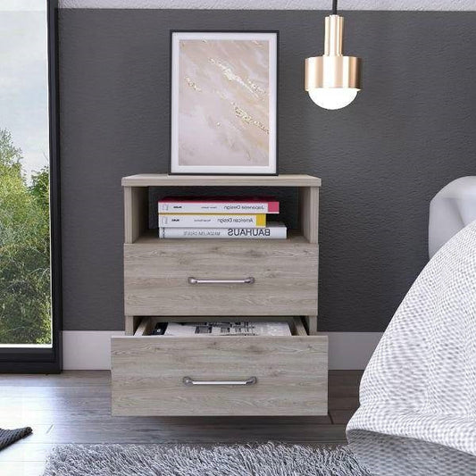 Modern 2-Drawer Nightstand with Open Shelf in Beige Wood Finish