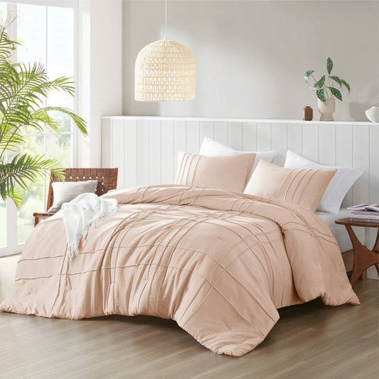 King Size Microfiber Pleated Soft Washed Comforter Set Pink Blush Color