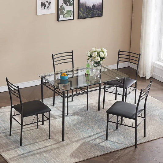Black 5-Piece Dining Set with Rectangular Glass-Top Table and 4 Chairs