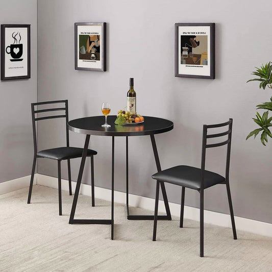 Modern 3-Piece Kitchen Dining Set with Round Black Wood-Top Table and 2 Chairs