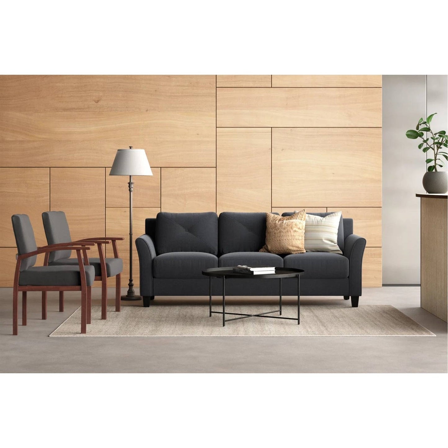 Modern 3-Seater Black Microfiber Upholstered Sofa