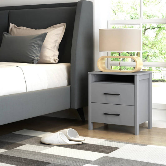 Modern 2-Drawer Bedside Table Nightstand with Open Shelf in Grey Wood Finish