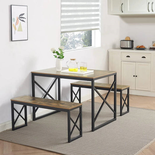 Modern Industrial Wood-Top Kitchen Dining Table Set with 2 Backless Benches