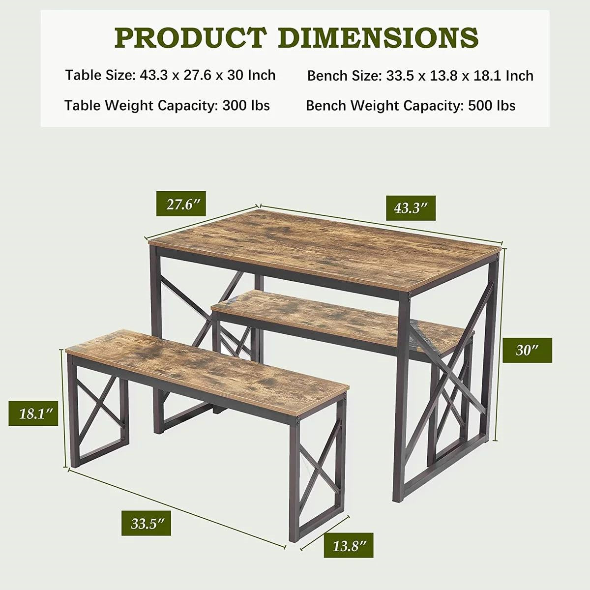 Modern Industrial Wood-Top Kitchen Dining Table Set with 2 Backless Benches