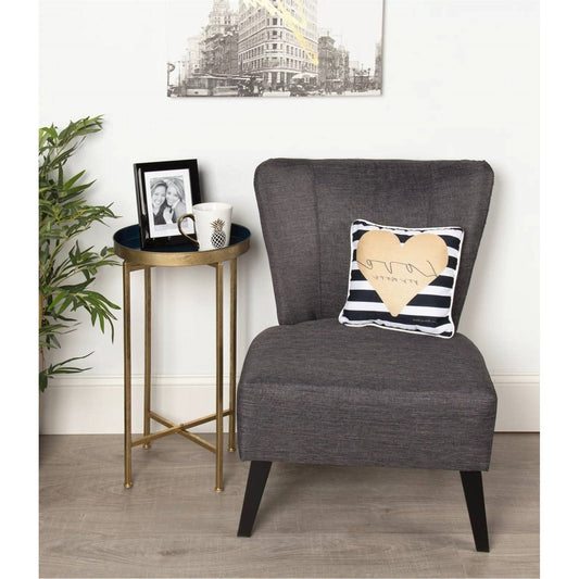 Gold Finish Metal Round End Table Nightstand with Removable Navy Blue Tray Top