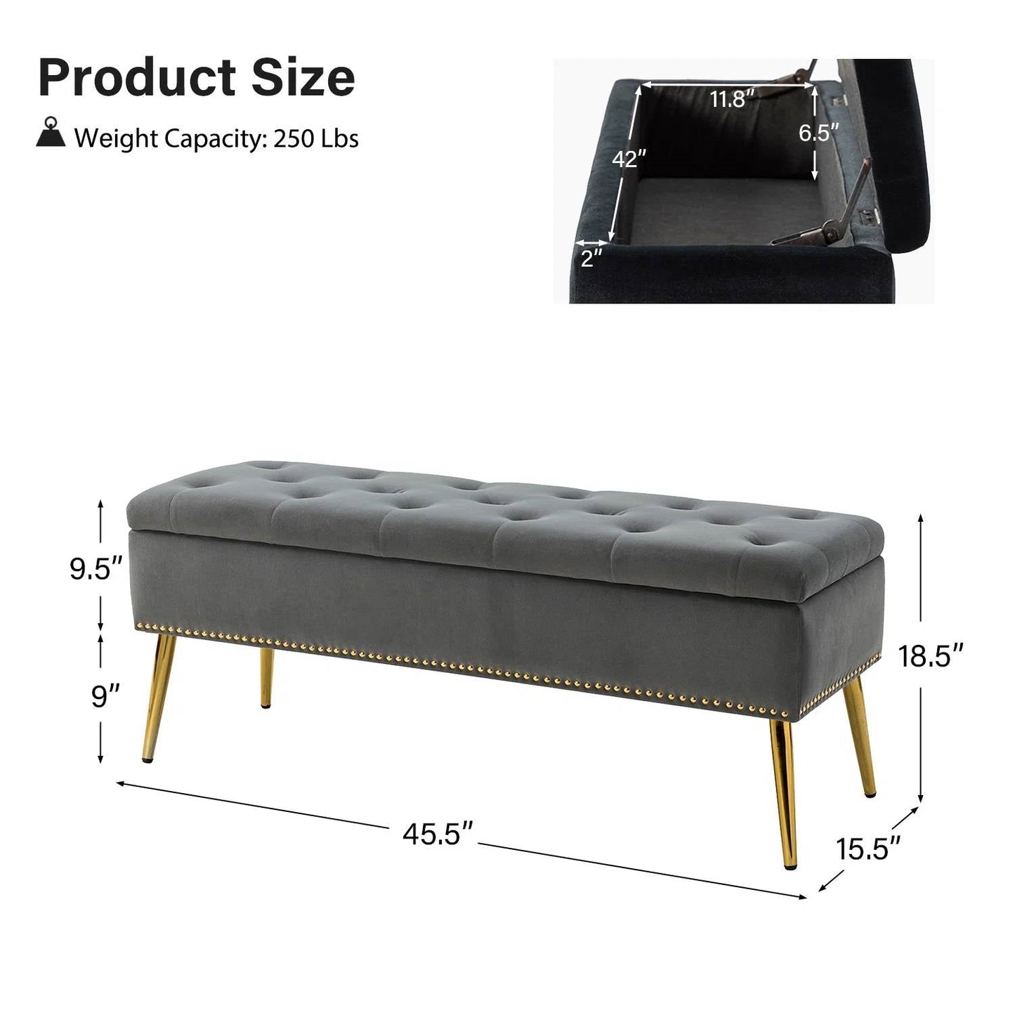 Mid-Century Modern End of Bed Storage Bench with Gray Velvet Seat and Gold Legs