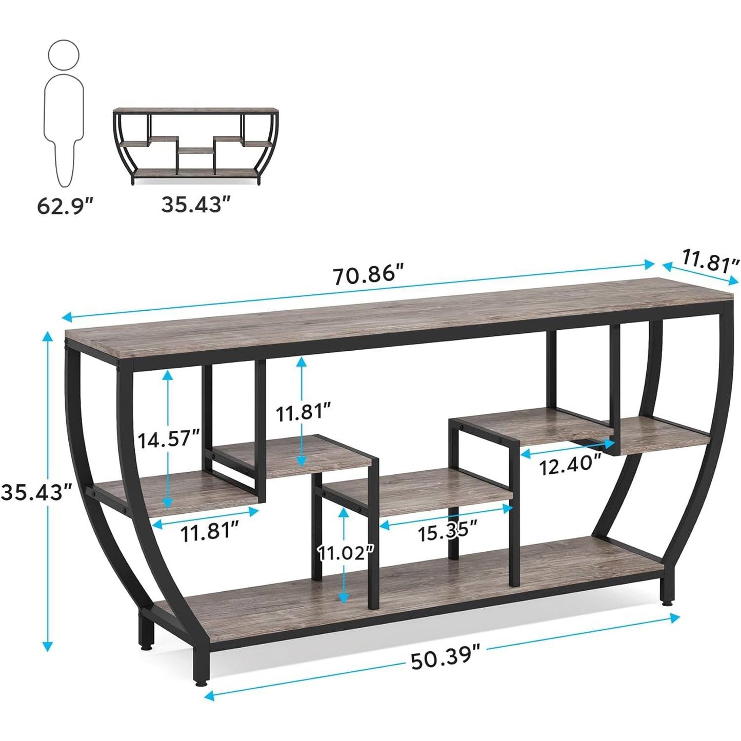 Industrial Chic 70-inch Long Narrow Console Sofa Table with Gray Wood Shelves