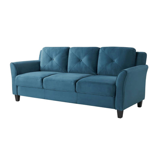 Modern 3-Seater Upholstered Sofa in Blue Microfiber with Button Tufted Cushions