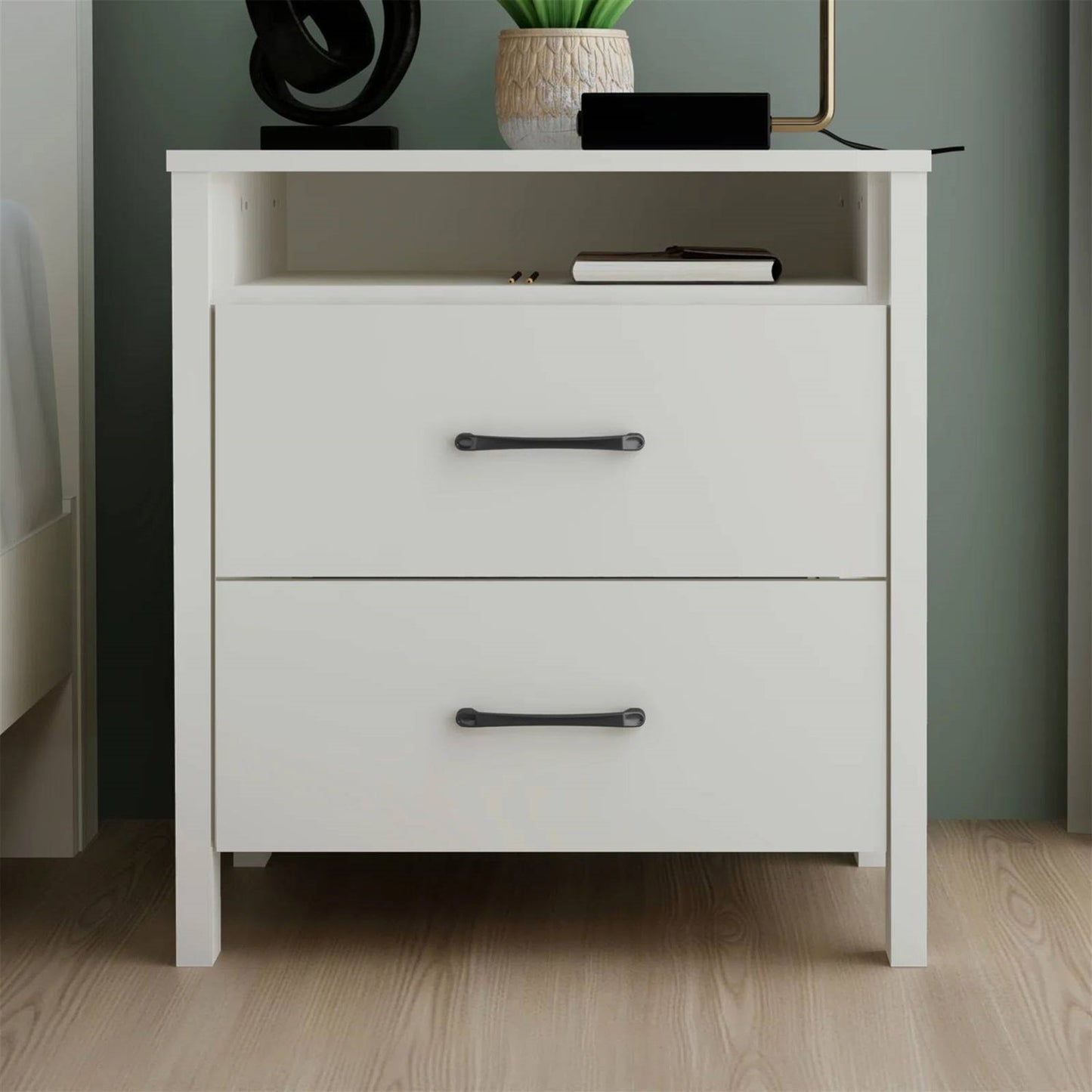 Modern 2-Drawer Nightstand with Open Shelf in Ivory Wood Finish