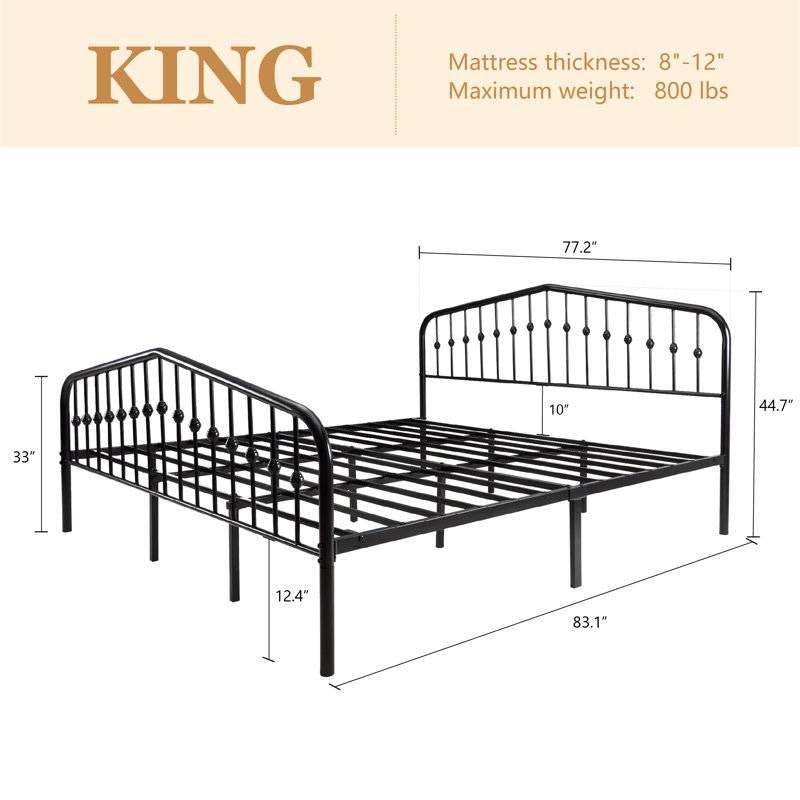 King Farmhouse Spindle Black Metal Platform Bed Frame with Headboard Footboard