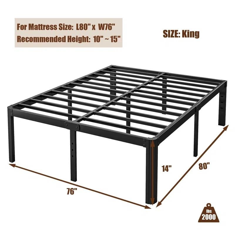 King size Heavy Duty Metal Bed Frame with Round Edge Legs - Headboard Compatible