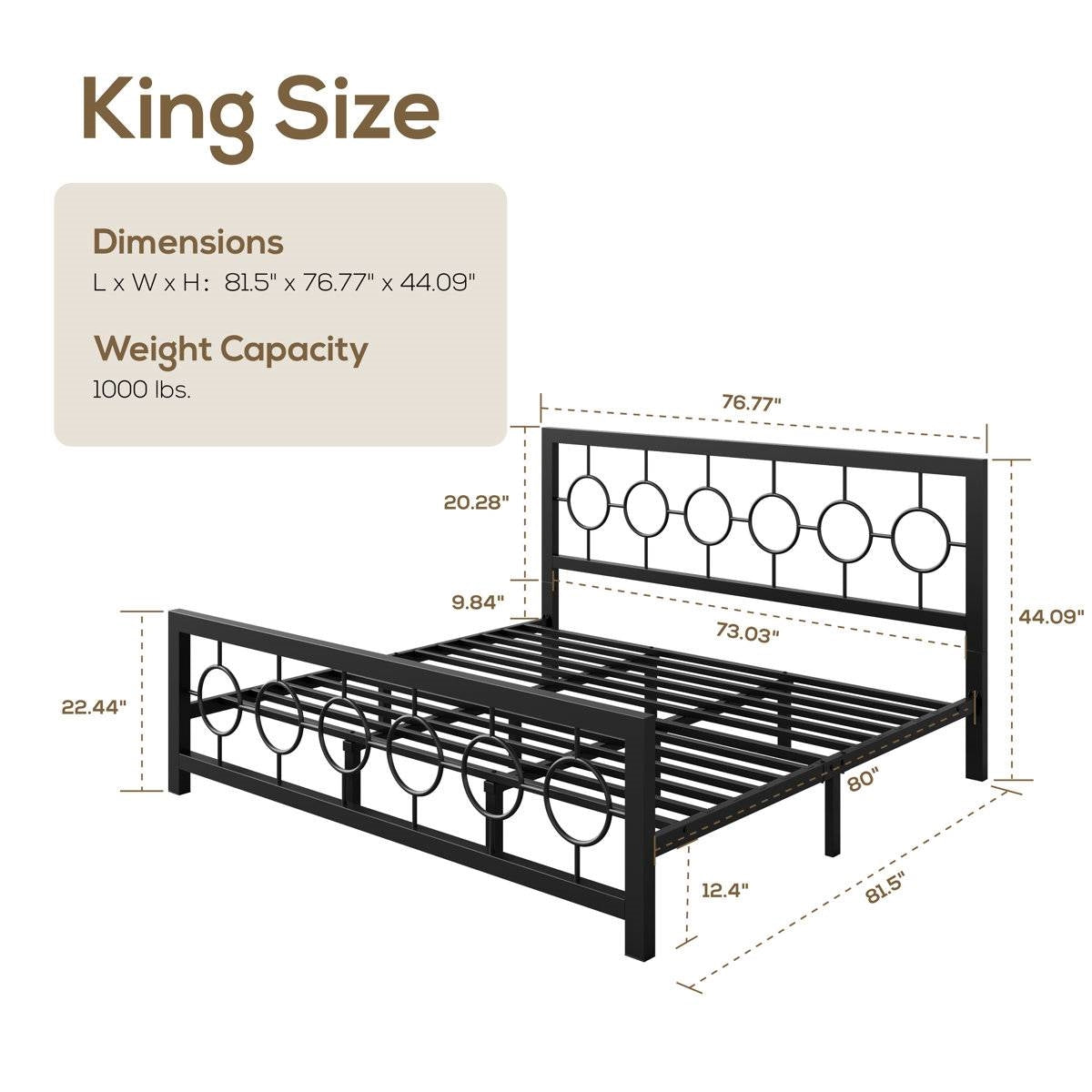 King Black Metal Platform Bed Frame with Circle Medallion Headboard Footboard