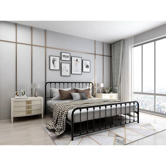King Black Metal Platform Bed Frame with Rounded Corners Headboard Footboard