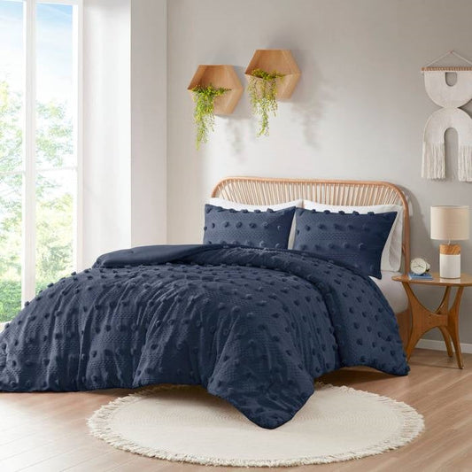 King/Cal King 3 Piece Navy Pompom Microfiber Hypoallergenic Comforter Set