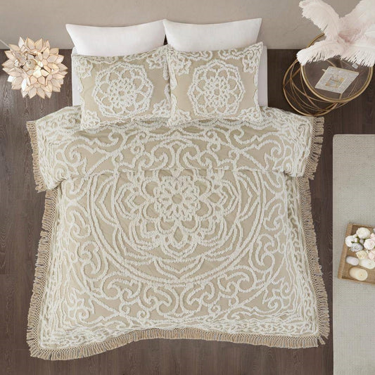 Queen 100-Percent Cotton Chenille Bedspread with Fringe Hem in Khaki Taupe Beige