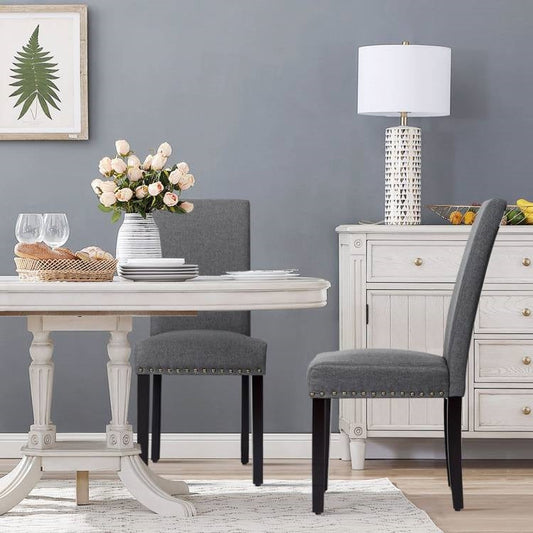 Set of 2 Grey Linen Upholstered Nailhead Dining Chair - 330 lbs. Weight Capacity
