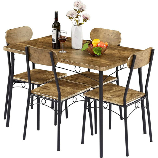 Modern Industrial 5-Piece Dining Set with Wood Top Table and 4 Chairs