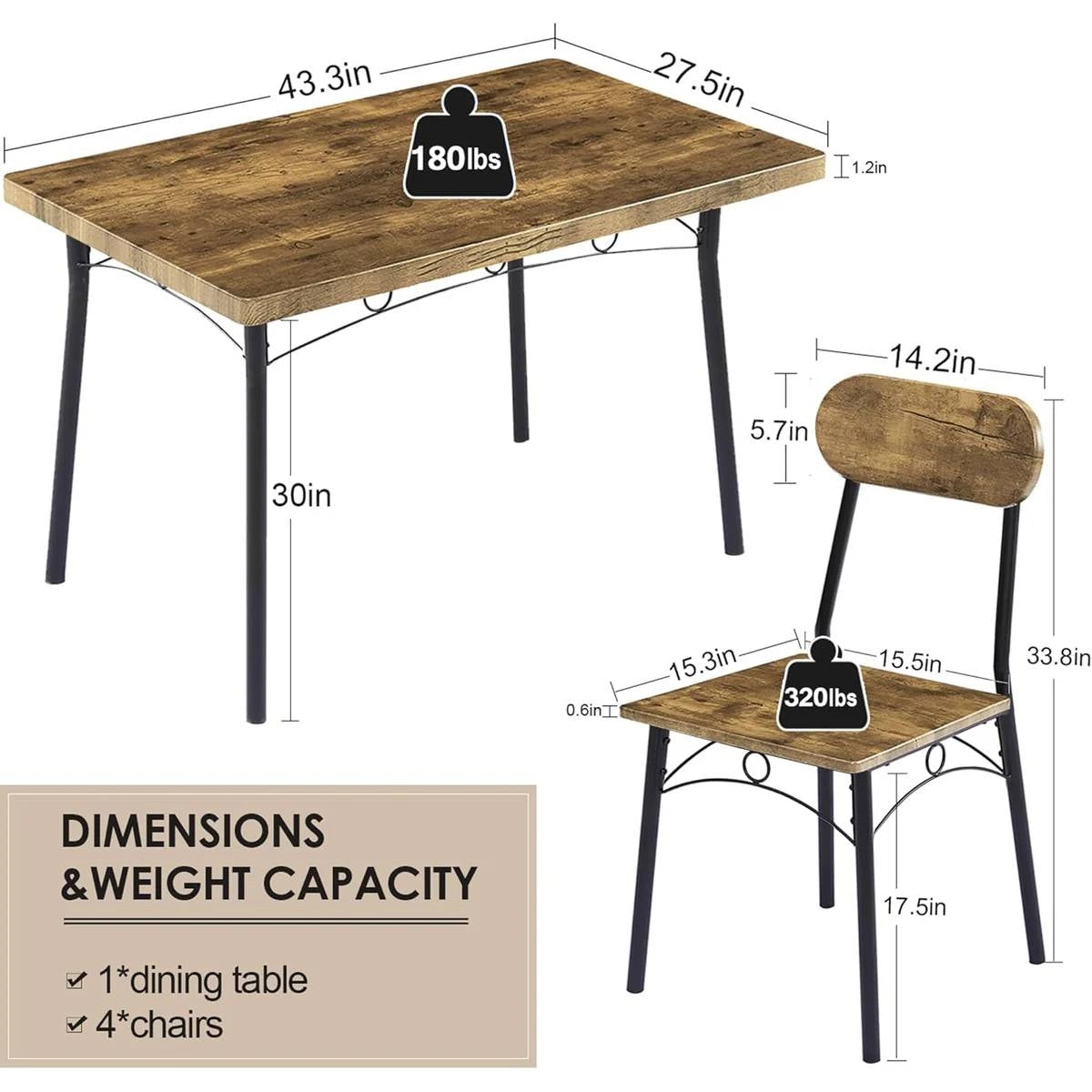 Modern Industrial 5-Piece Dining Set with Wood Top Table and 4 Chairs