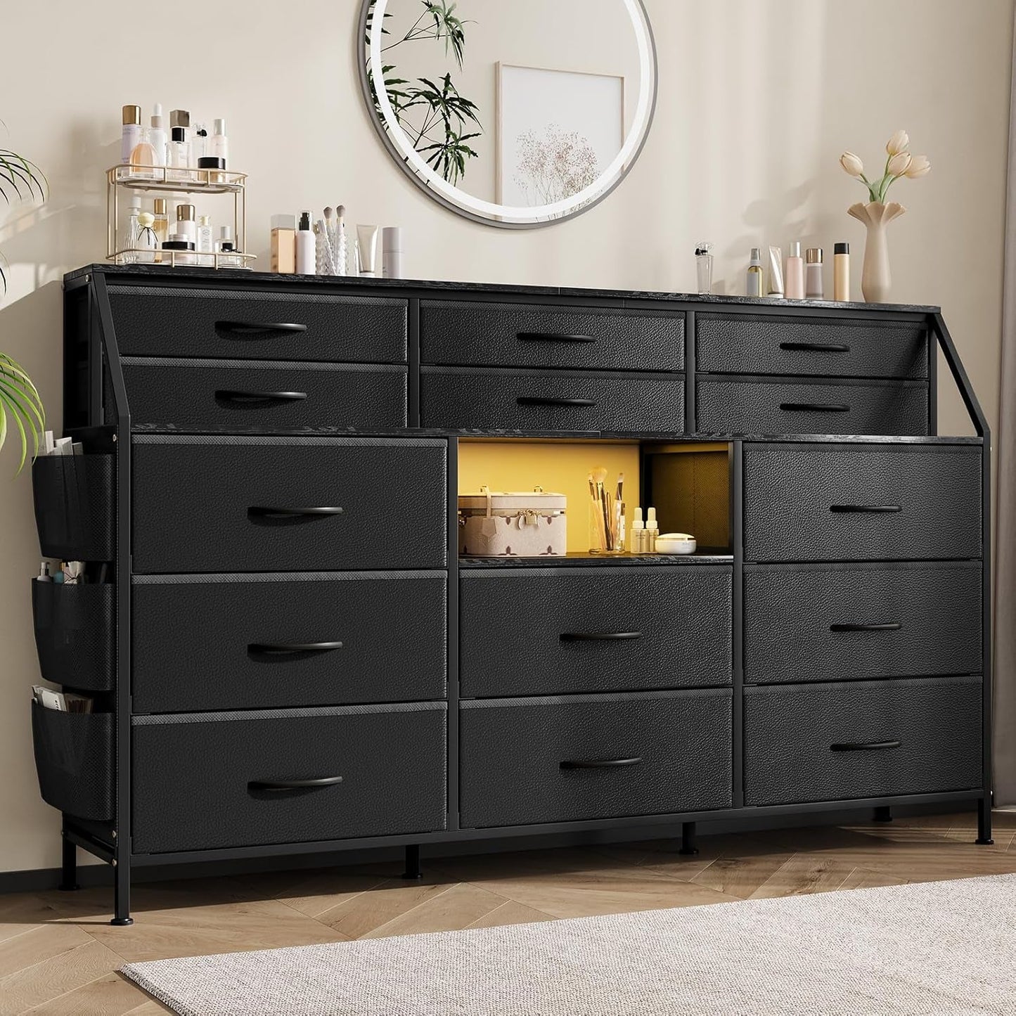 55 Inch Dresser With Fourteen Drawers Shelves Steel Frame