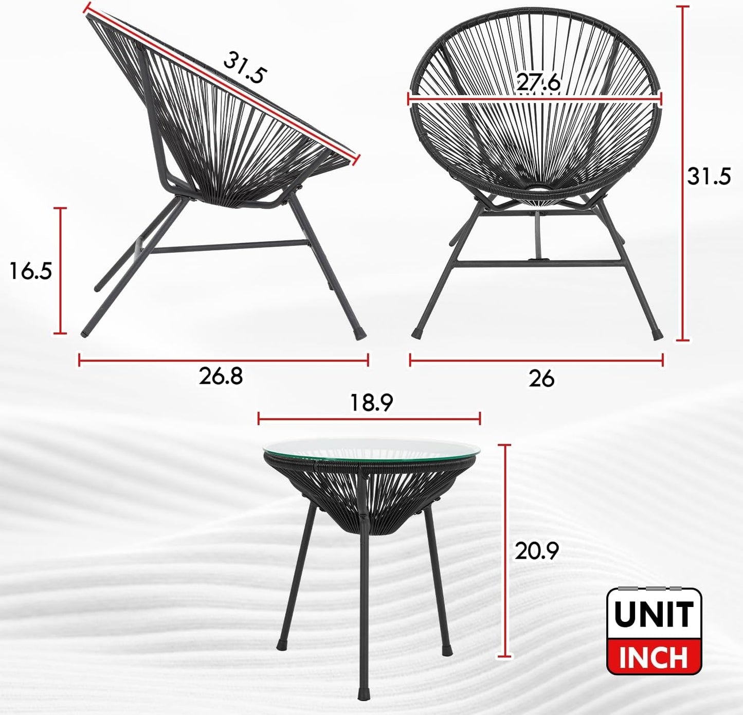 Acapulco 3 Piece Patio Bistro Set With Glass Top Table Black