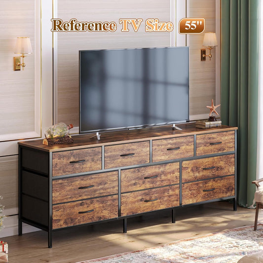 63 Inch Dresser With Durable Fabric Drawers In Rustic Brown