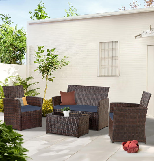 Outdoor Wicker Rattan Sofa Set Blue Cushions 4 Piece