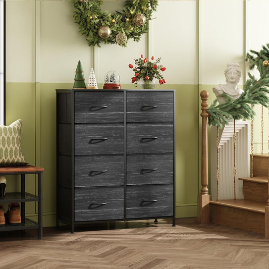 Tall Fabric Dresser With 8 Drawers In Charcoal Black Wood Grain